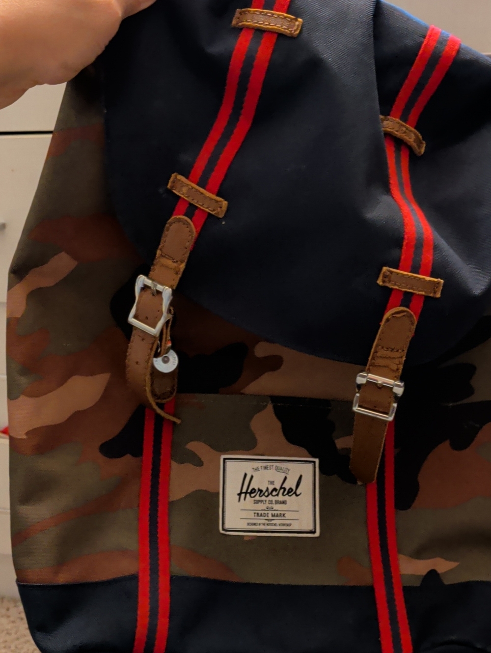 Herschel Supply Company Camo Backpack with Navy Panels and Red Stripes